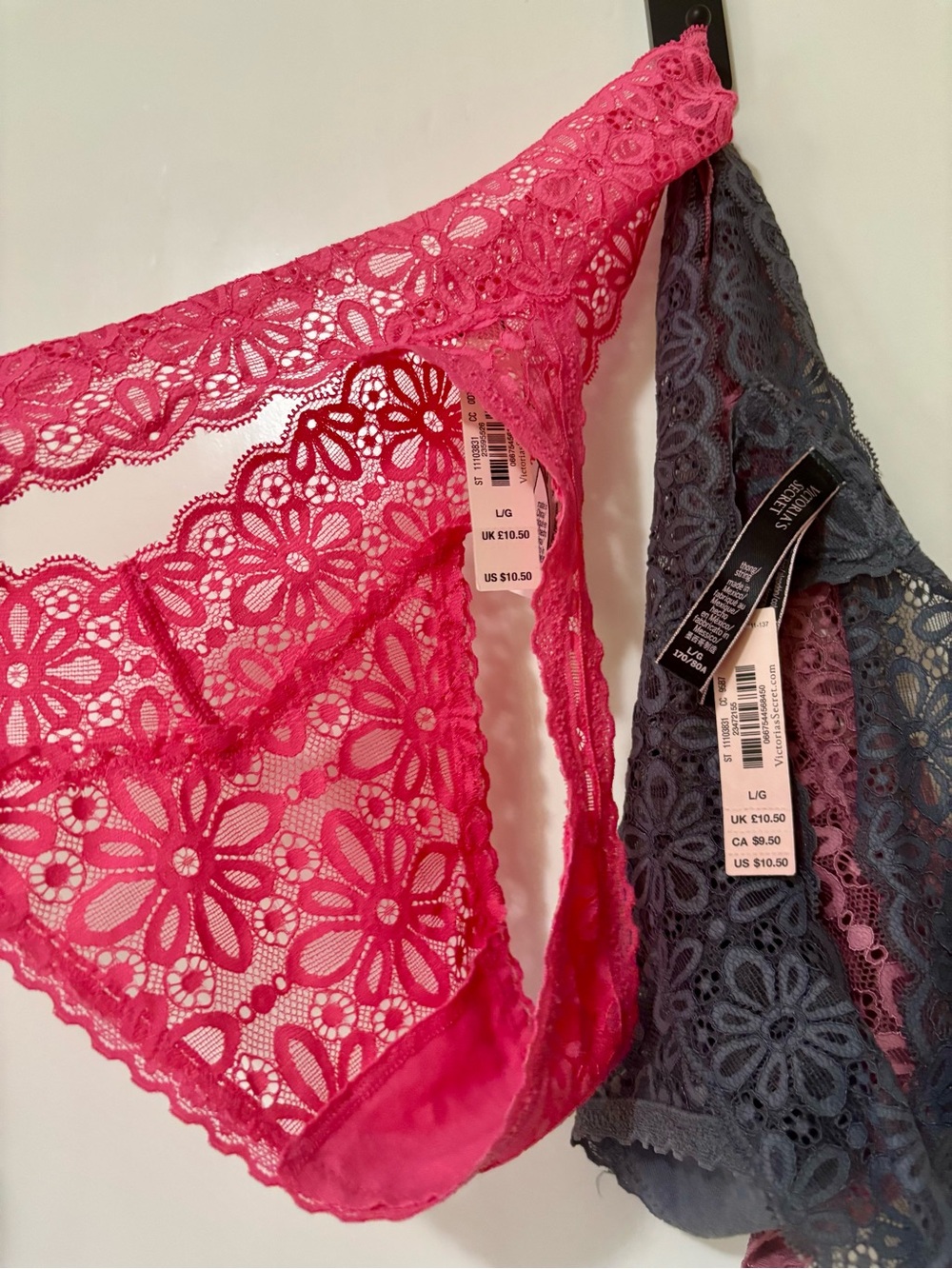 Victoria's Secret| NEW Lot of (3) Floral Lace Thong Panties Pink & Grey Sz L NWT